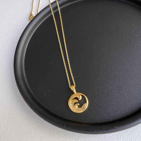 Ocean Beach Wave Circle Disc Pendant Necklace