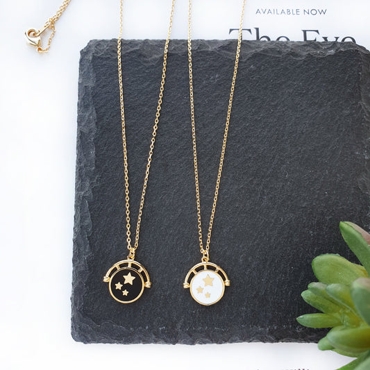Enamel Black White Circle Disc Stars Necklace