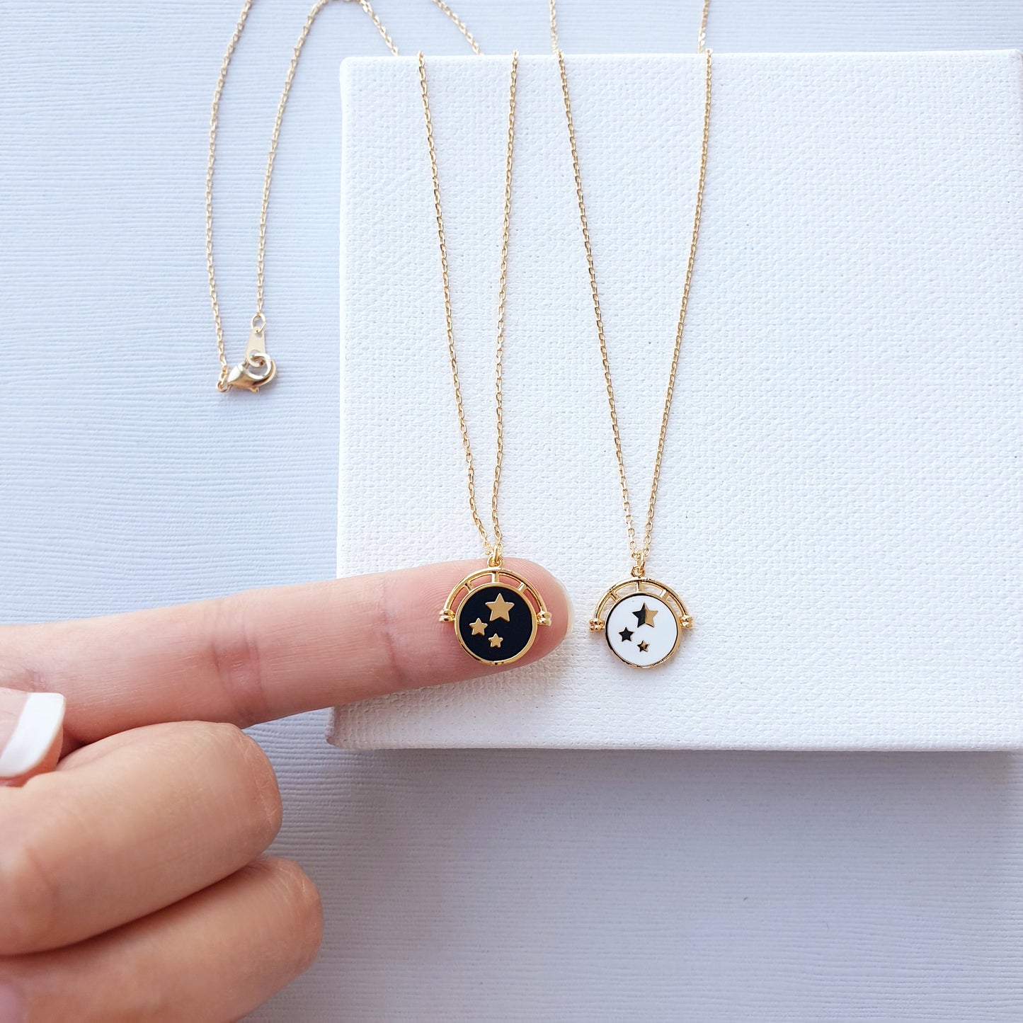 Enamel Black White Circle Disc Stars Necklace
