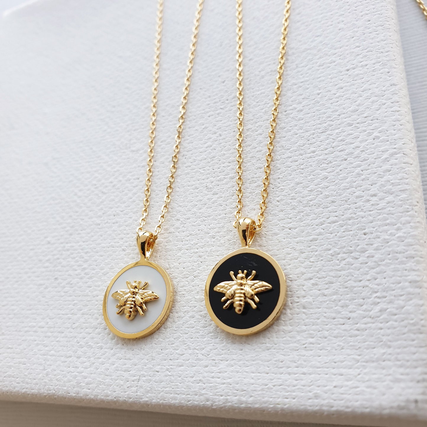 Bee Coin Pendant Black White Gold Circle Necklace