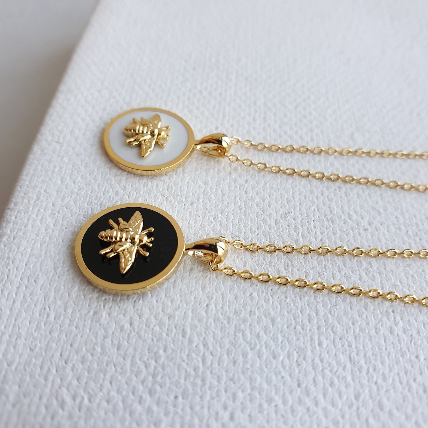 Bee Coin Pendant Black White Gold Circle Necklace
