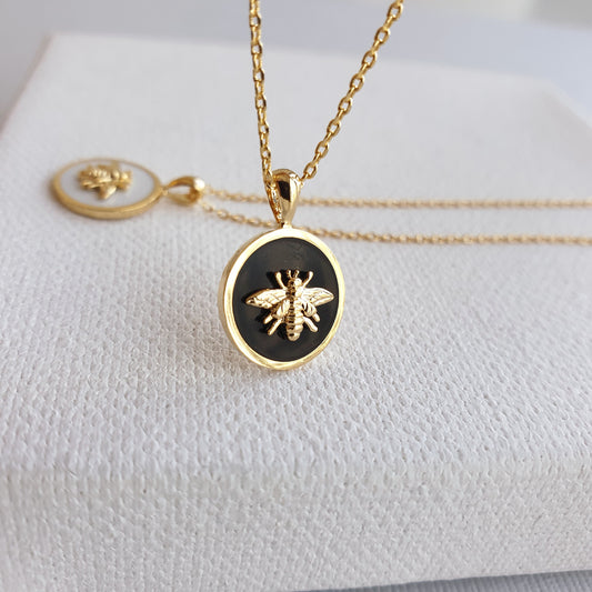 Bee Coin Pendant Black White Gold Circle Necklace