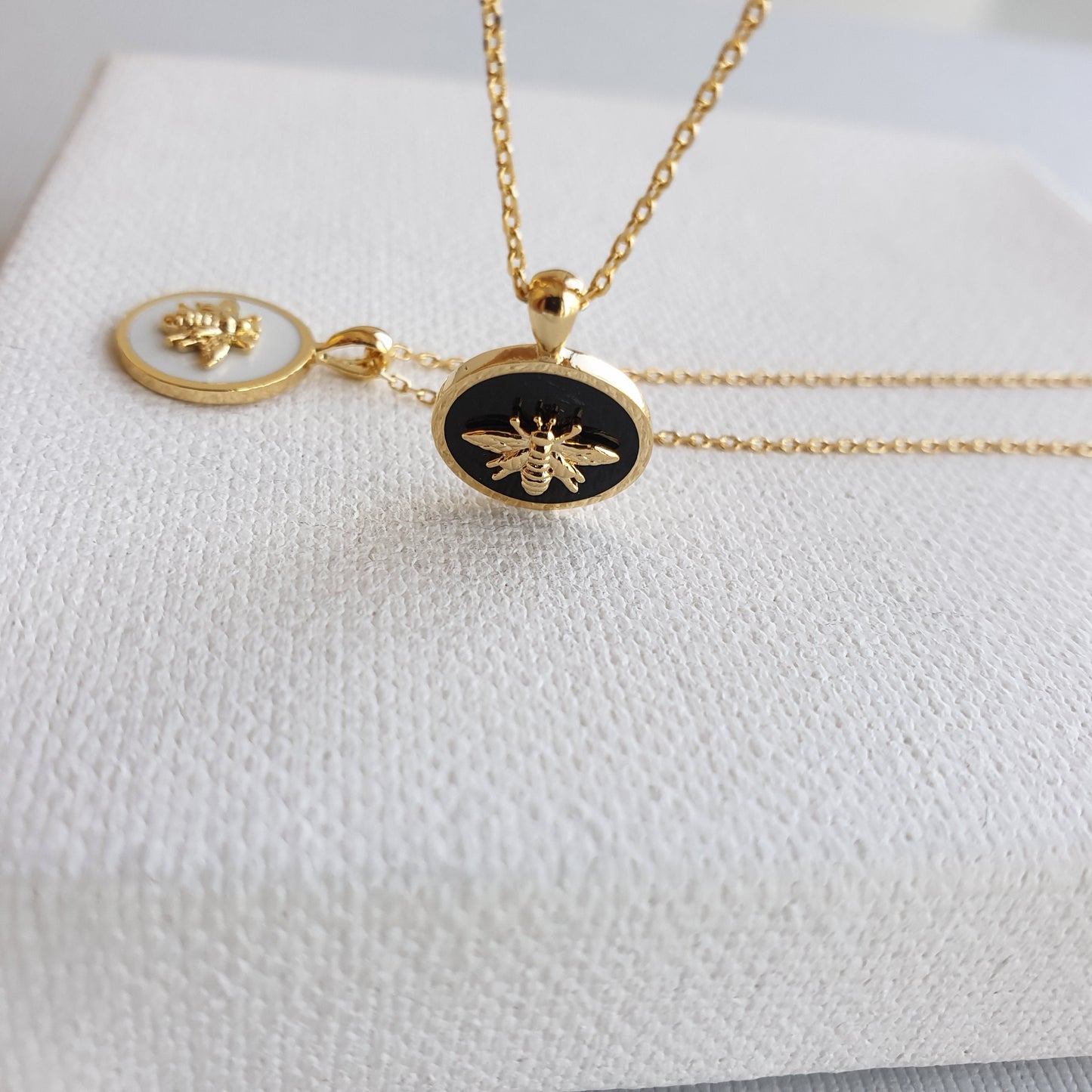 Bee Coin Pendant Black White Gold Circle Necklace