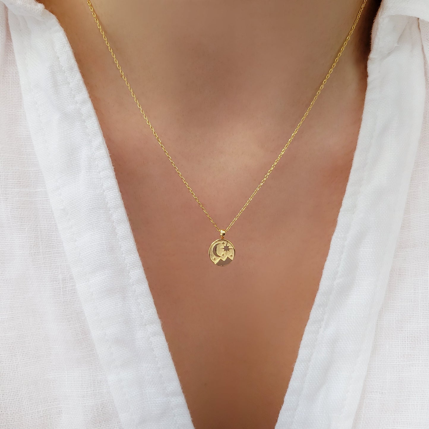 Tiny Crescent Moon Star Charm Necklace