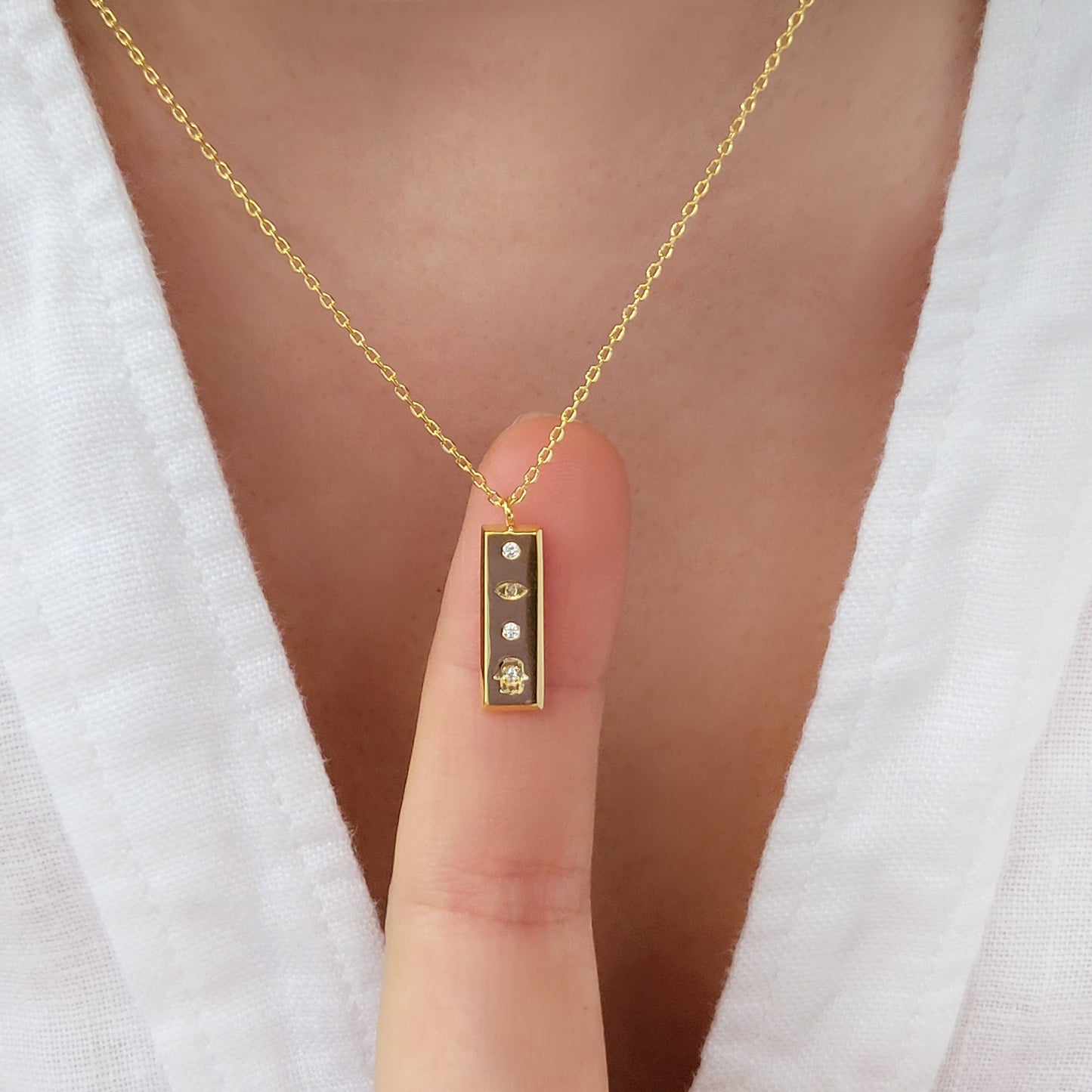 Gold Bar Rectangle Tag Hamsa Hand Eye Necklace