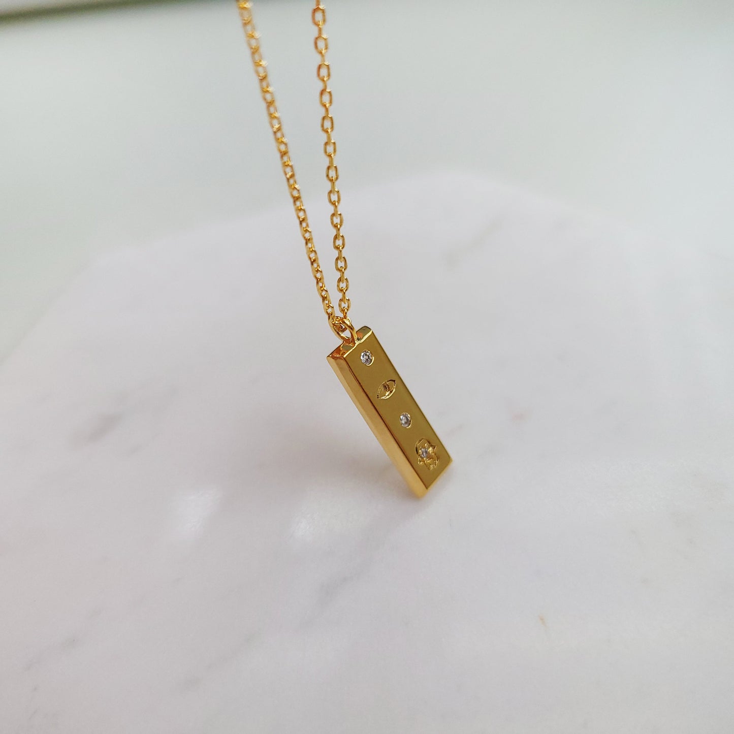 Gold Bar Rectangle Tag Hamsa Hand Eye Necklace
