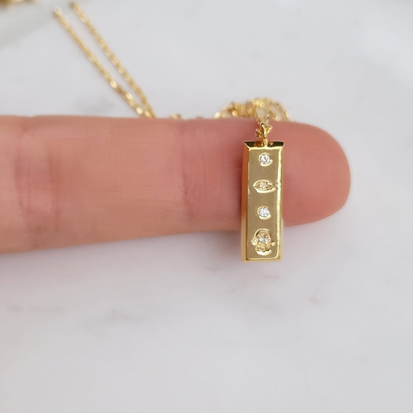 Gold Bar Rectangle Tag Hamsa Hand Eye Necklace