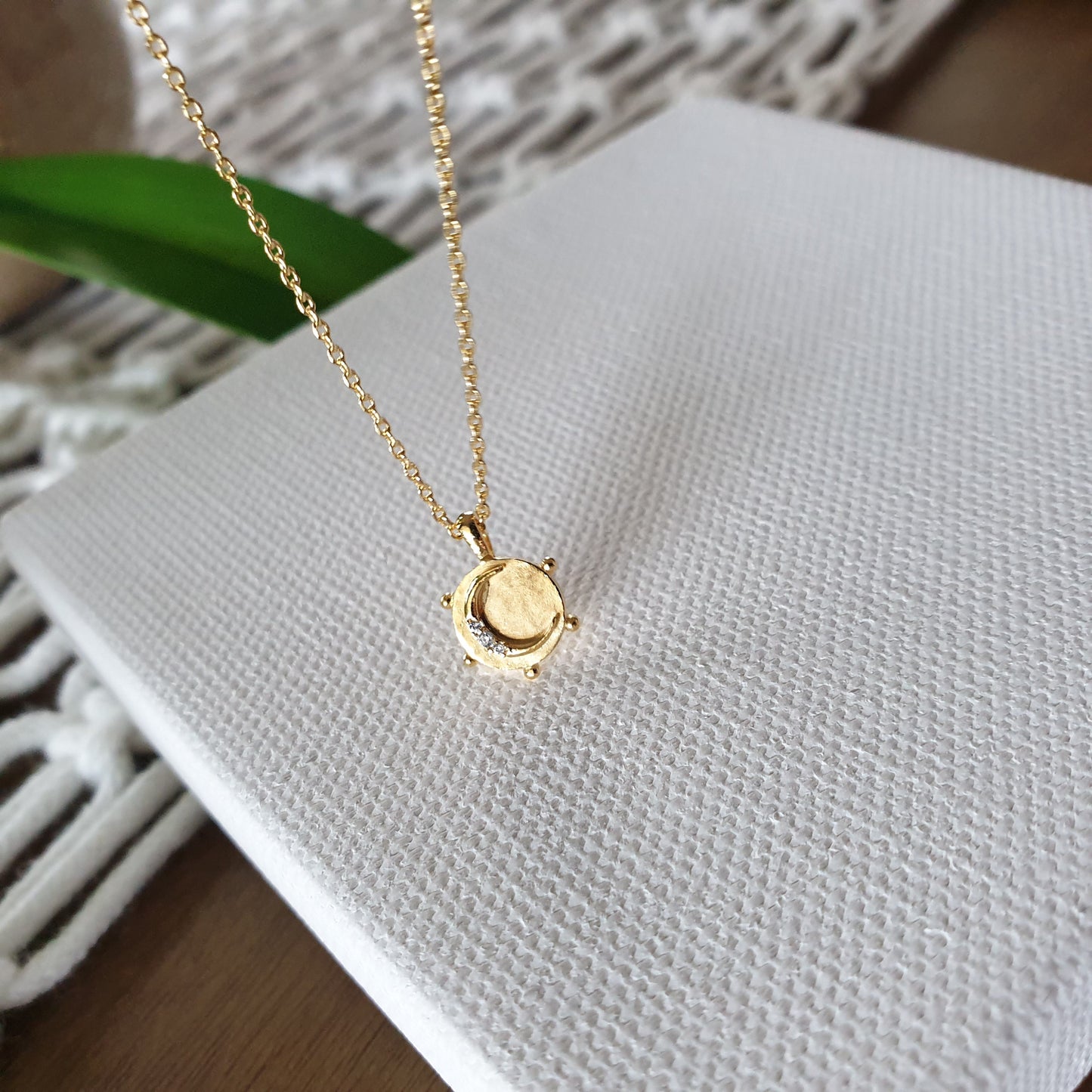 Tiny Coin Disk Crescent Moon CZ Necklace