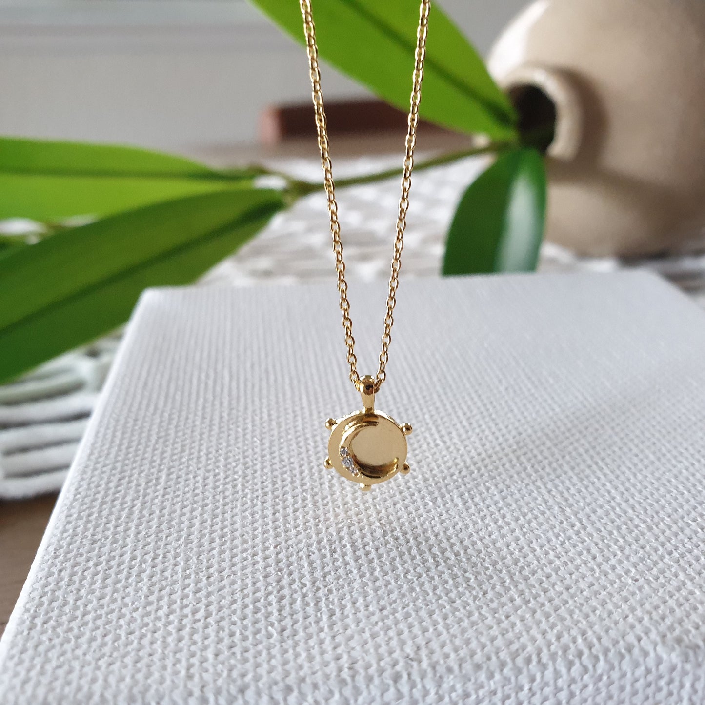 Tiny Coin Disk Crescent Moon CZ Necklace