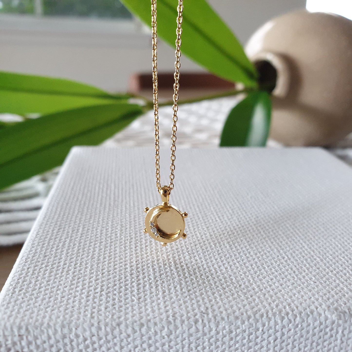 Tiny Coin Disk Crescent Moon CZ Necklace