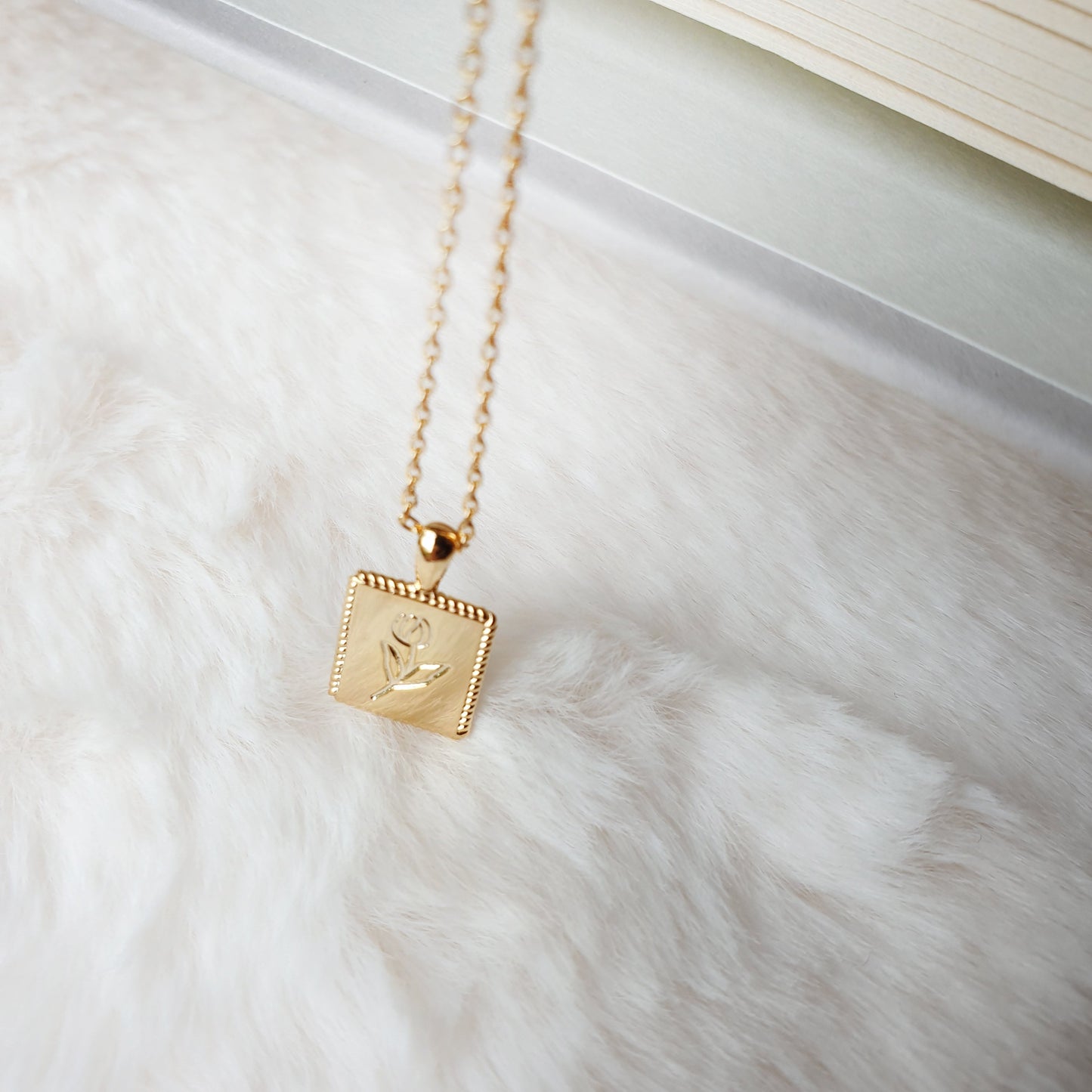 Flower Engraved Square Charm Necklace