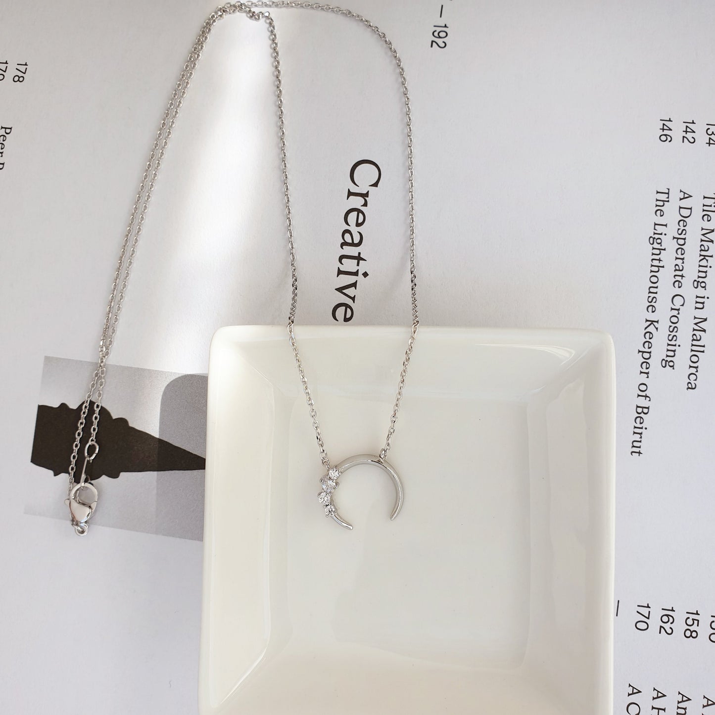 Crescent Moon Horn Cubic Zirconia Charm Necklace