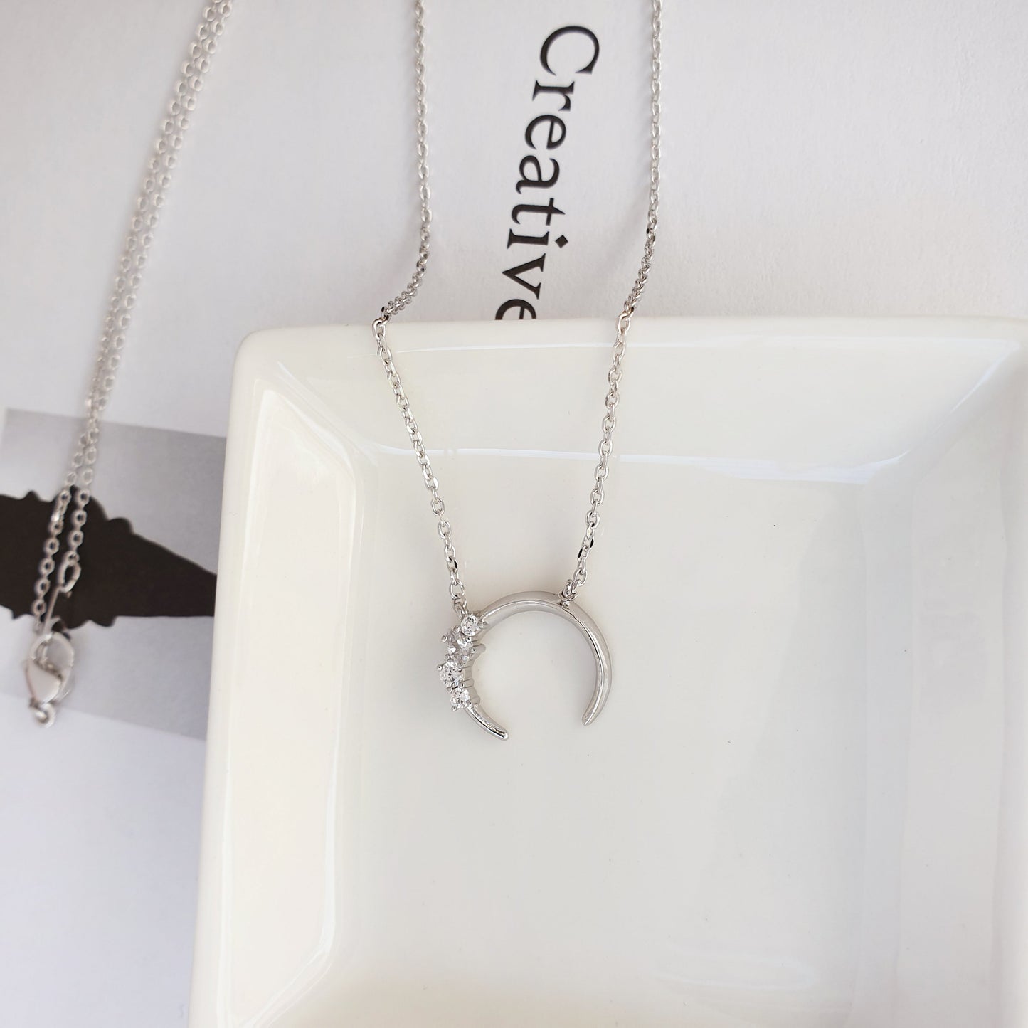 Crescent Moon Horn Cubic Zirconia Charm Necklace