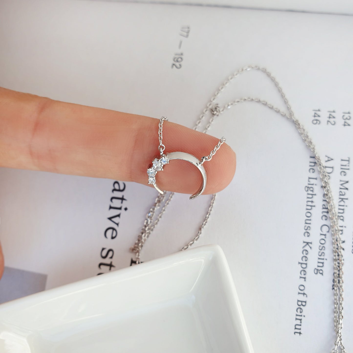Crescent Moon Horn Cubic Zirconia Charm Necklace