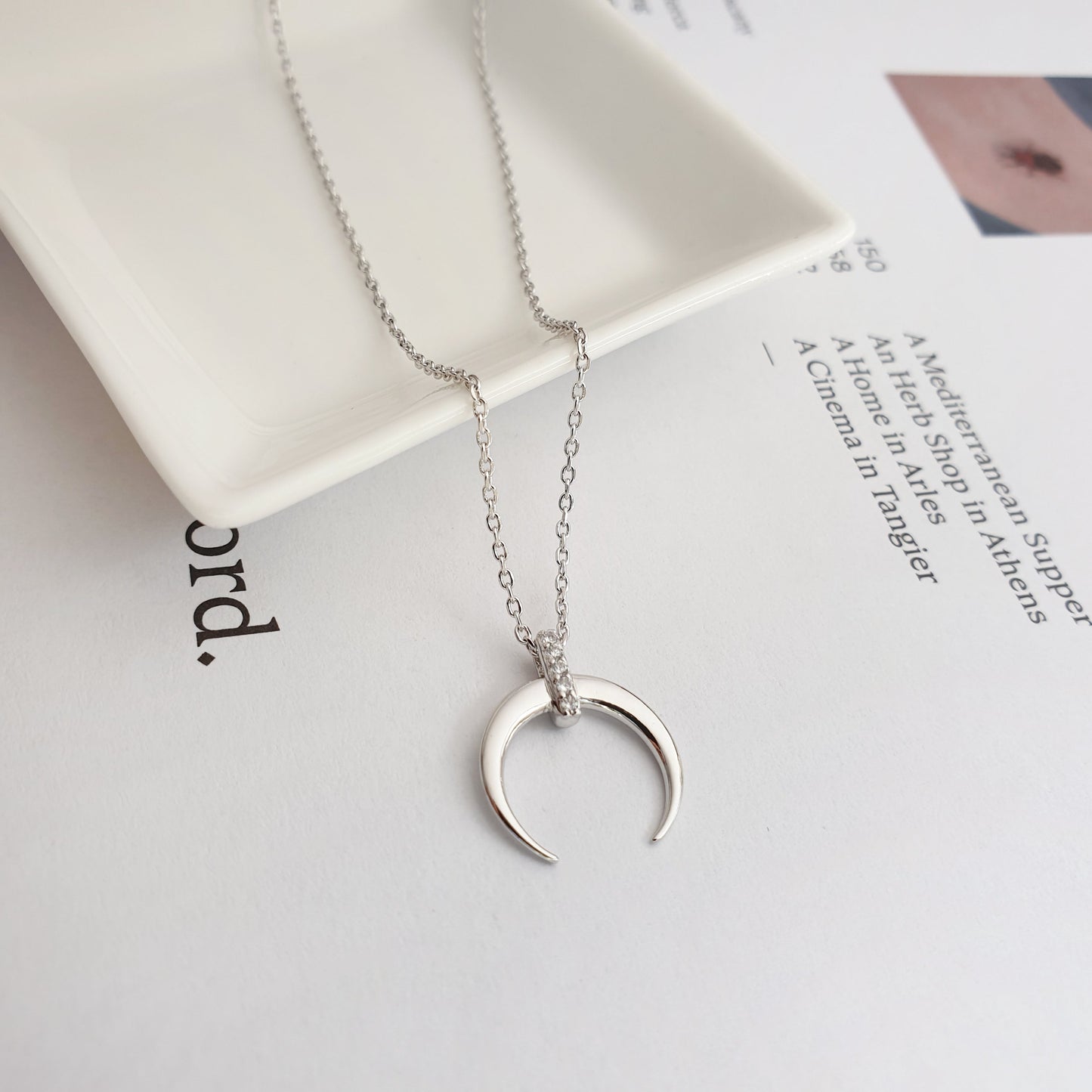 Crescent Moon Horn CZ Bar Necklace