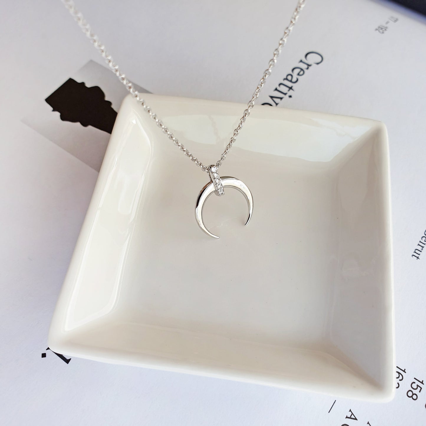 Crescent Moon Horn CZ Bar Necklace