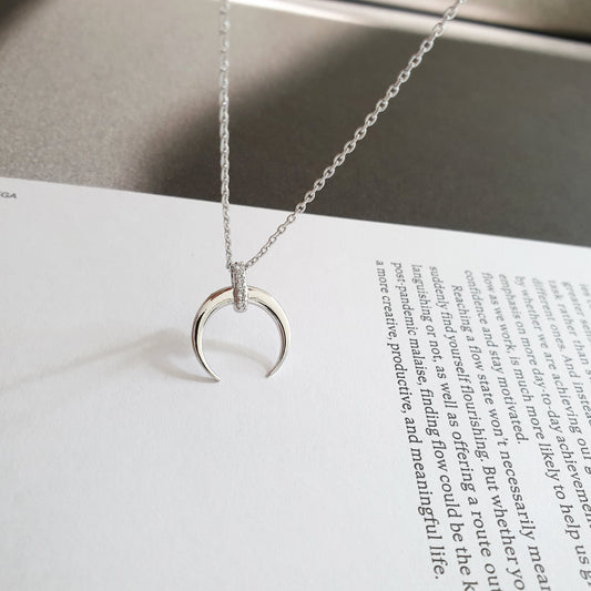 Crescent Moon Horn CZ Bar Necklace