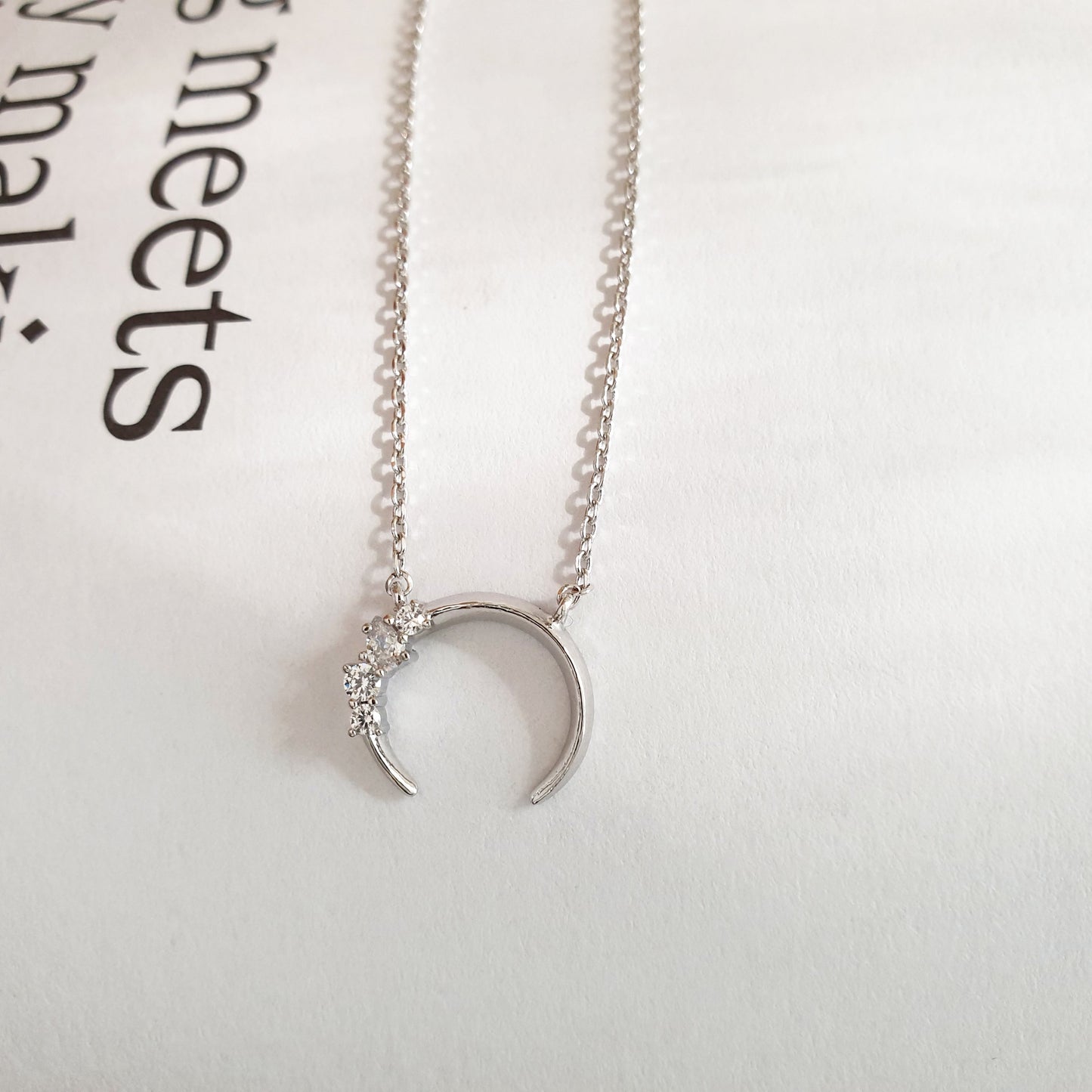 Crescent Moon Horn Cubic Zirconia Charm Necklace