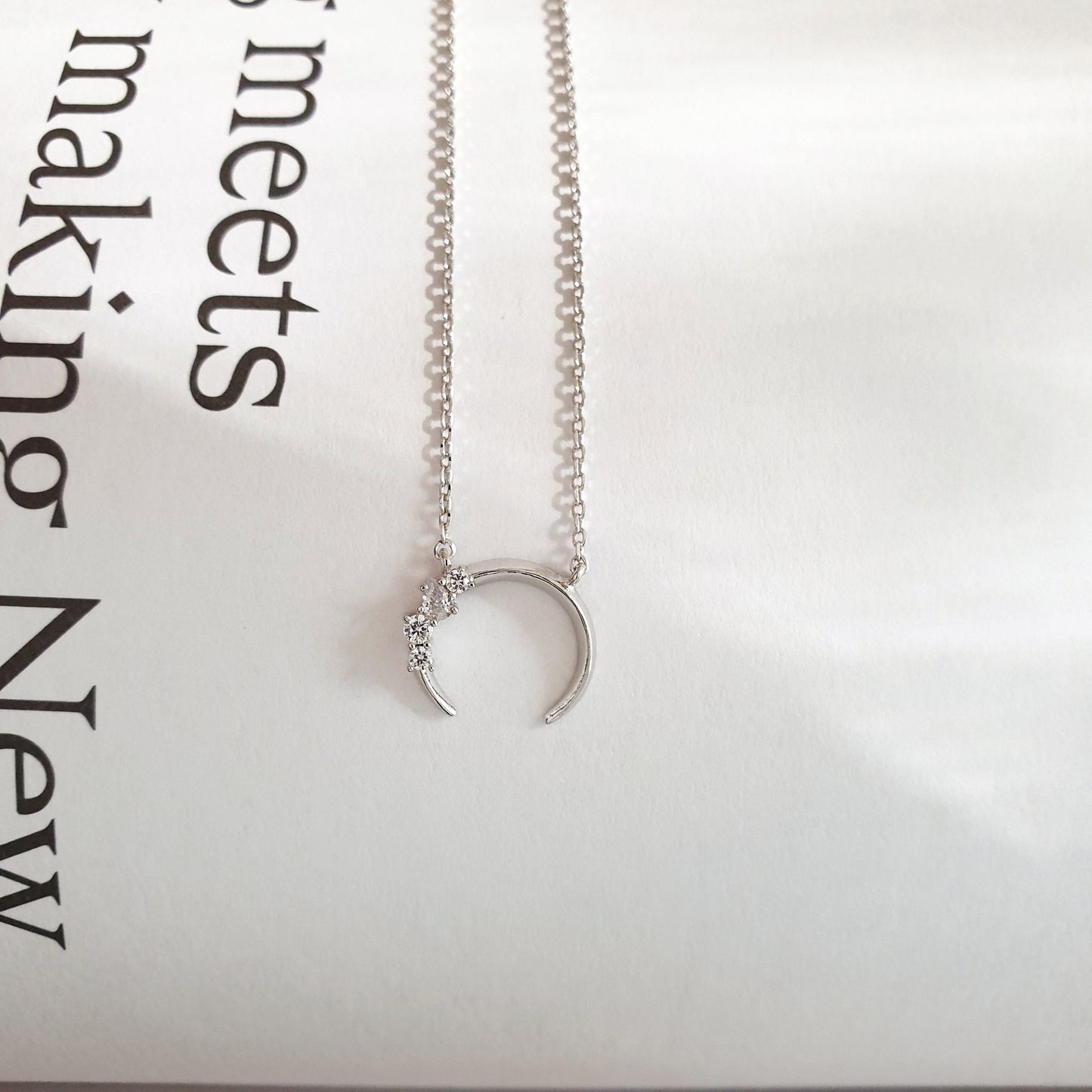 Crescent Moon Horn Cubic Zirconia Charm Necklace