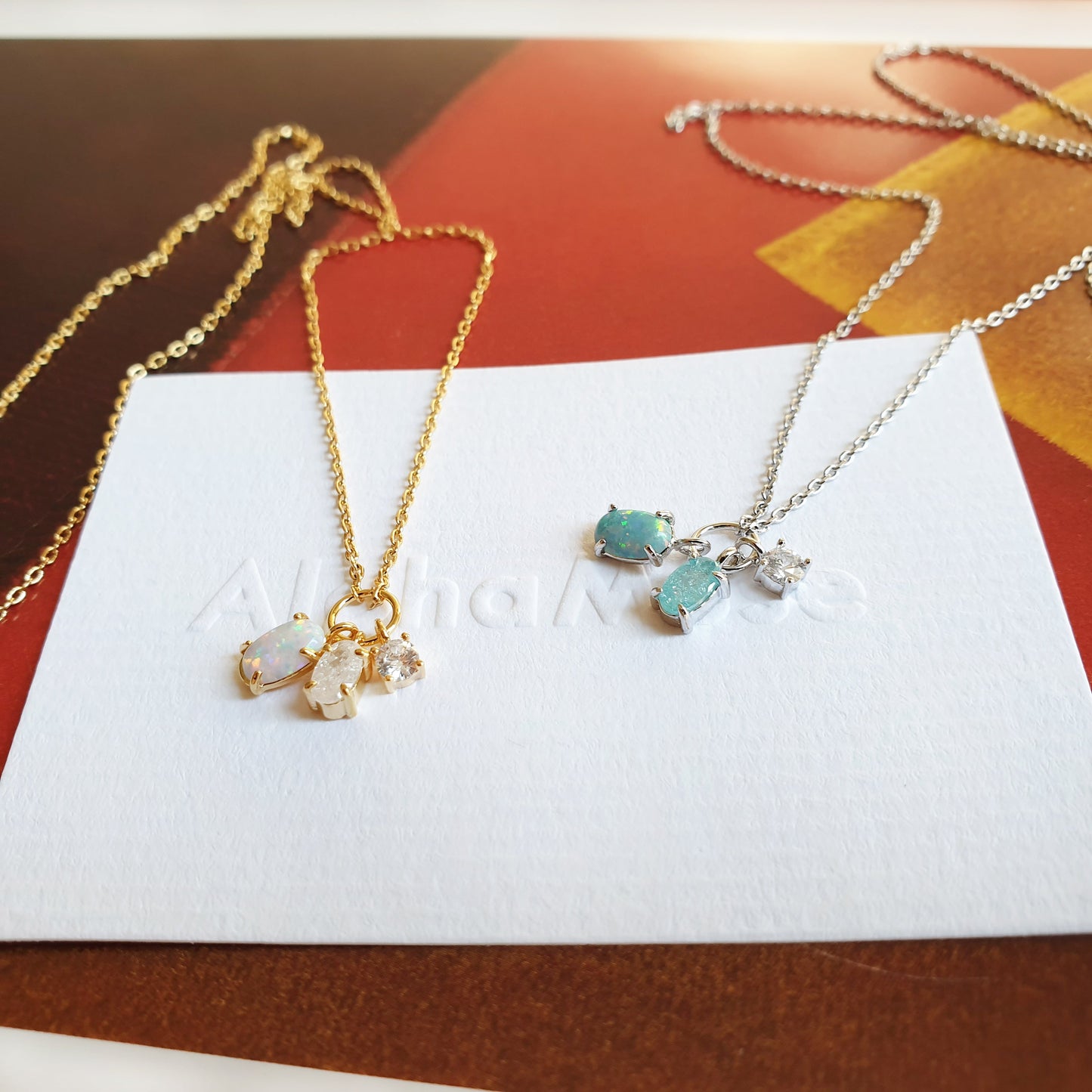 Tiny Opal Stone CZ 3 Charms Dangle Necklace