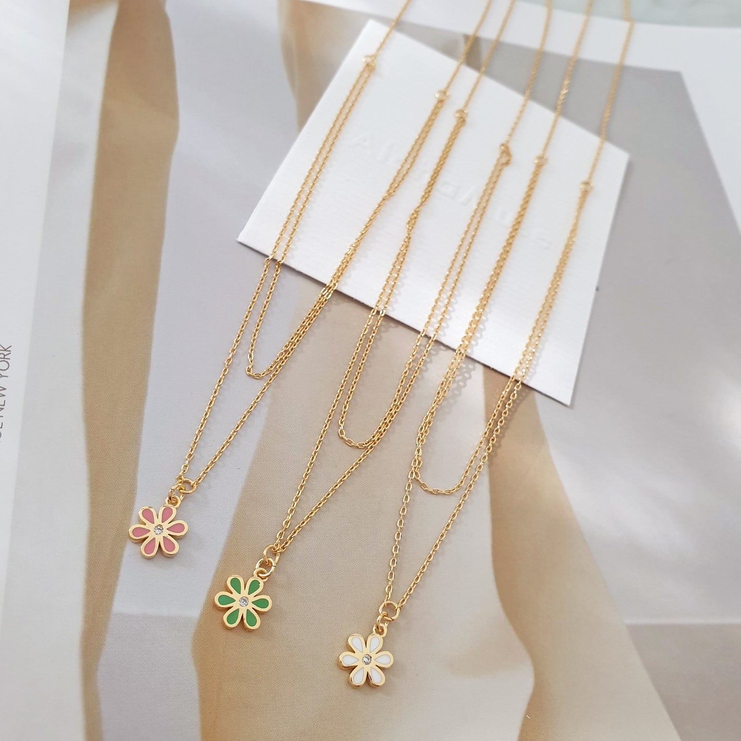 Mini Color Flower Charm 2 Chains Layered Set Necklace