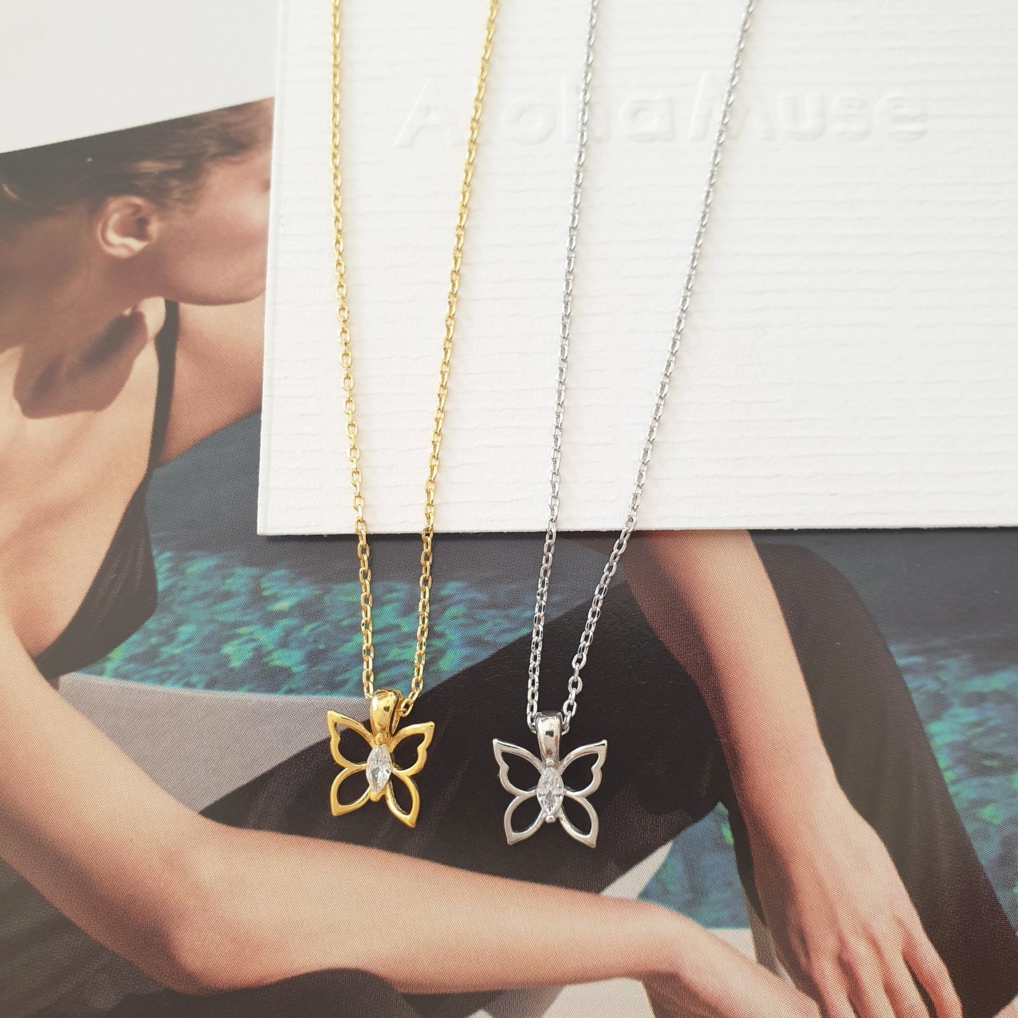 Butterfly CZ Hollow Pendant Necklace