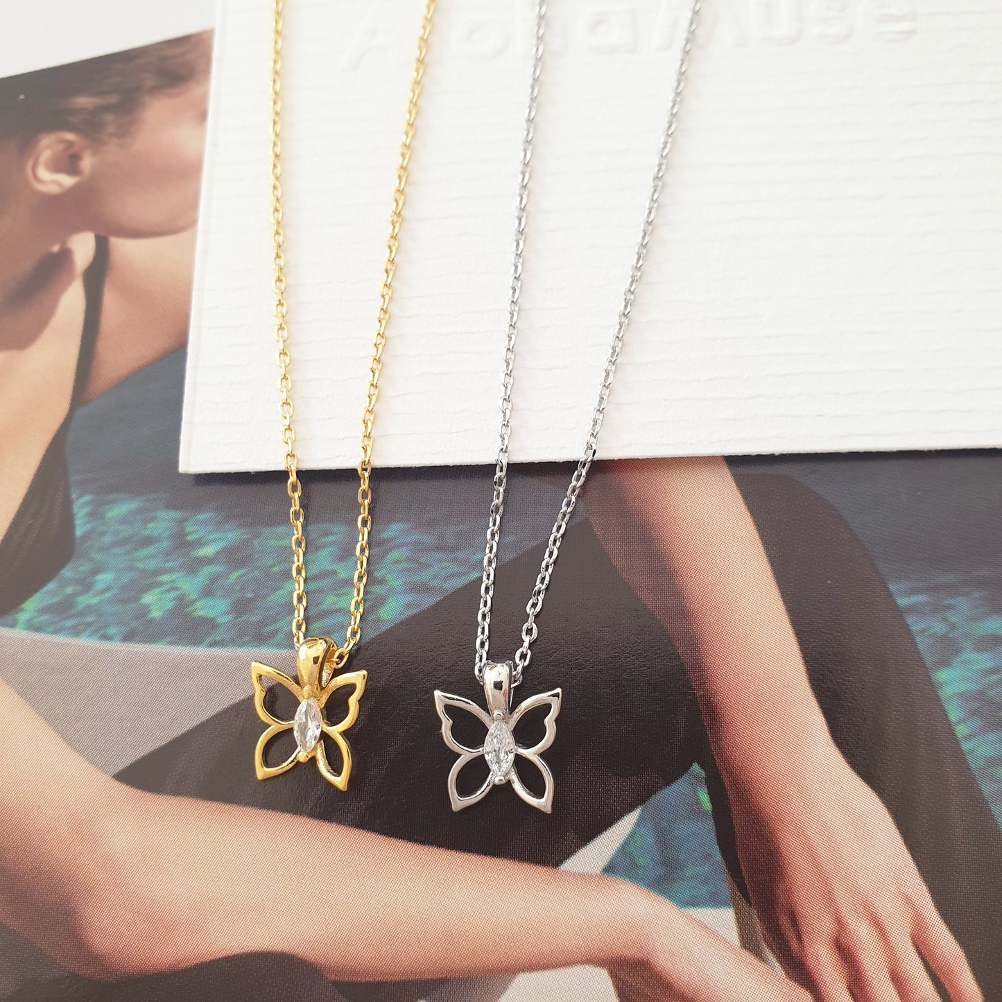 Butterfly CZ Hollow Pendant Necklace