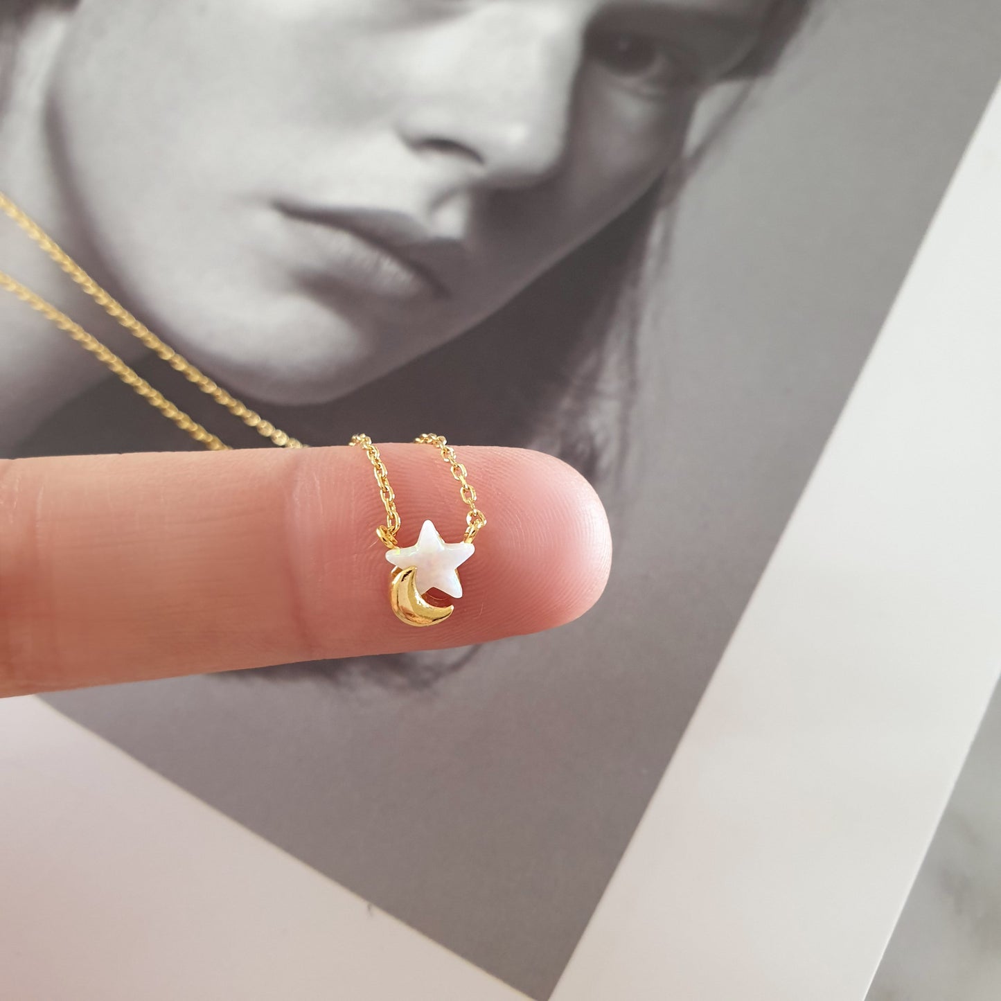 Mini Crescent Moon Opal Star Pendant Necklace