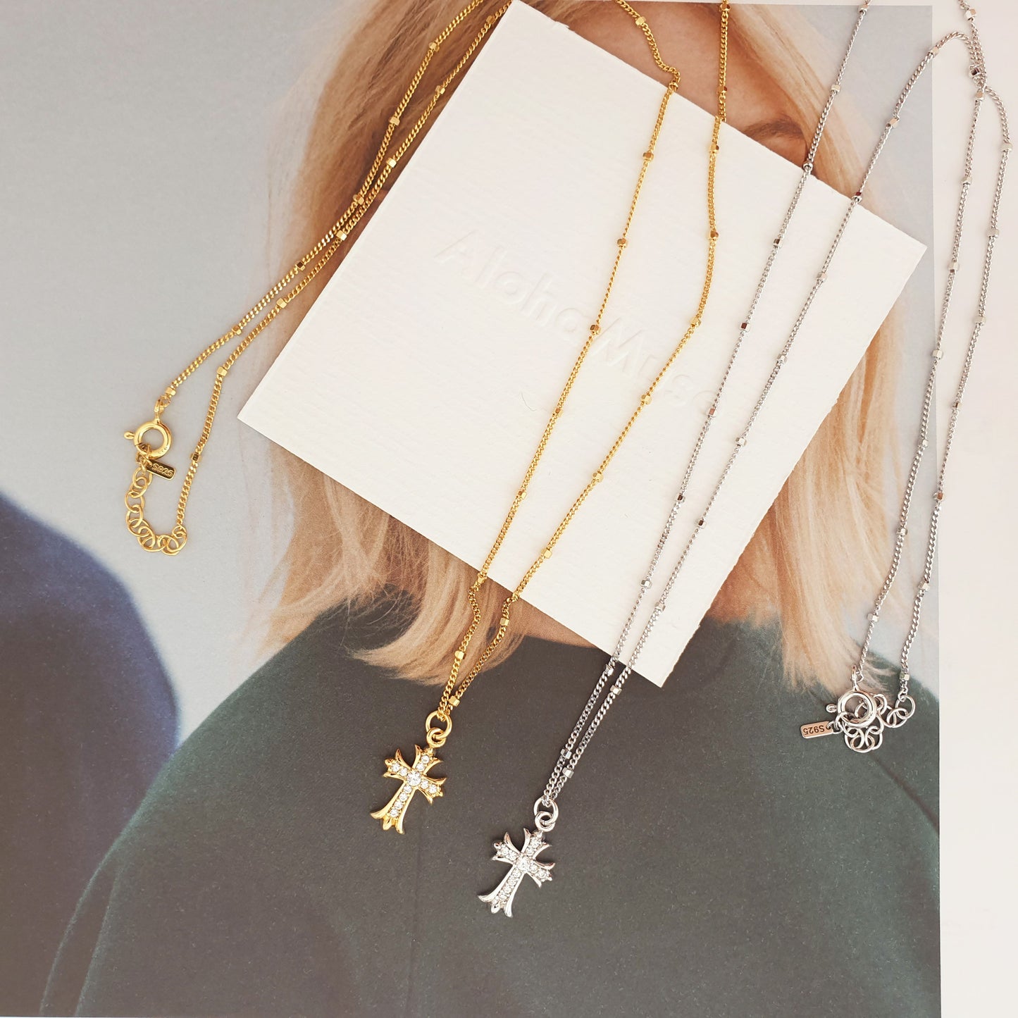 Cross Pendant Long Station Dot Chain Necklace