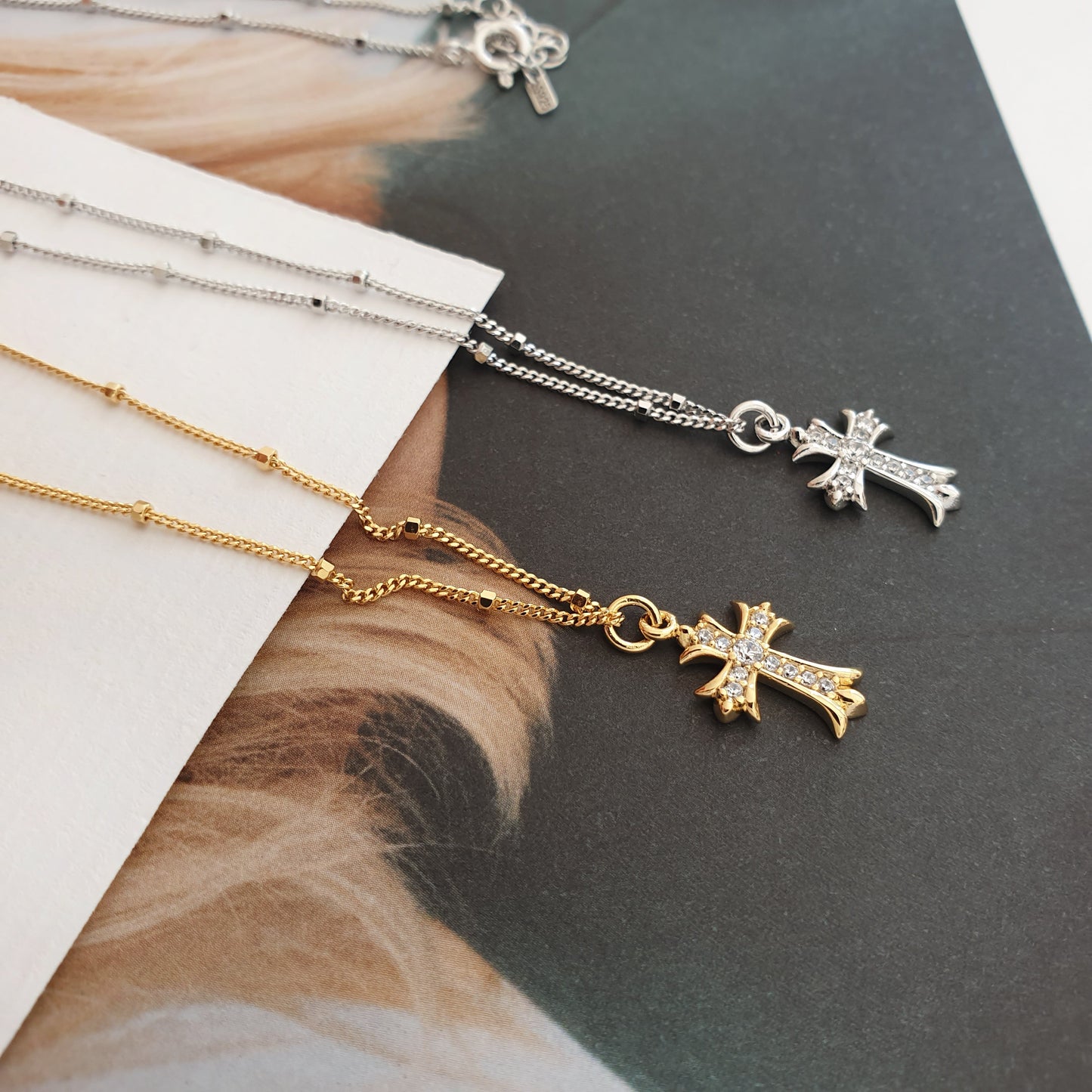 Cross Pendant Long Station Dot Chain Necklace