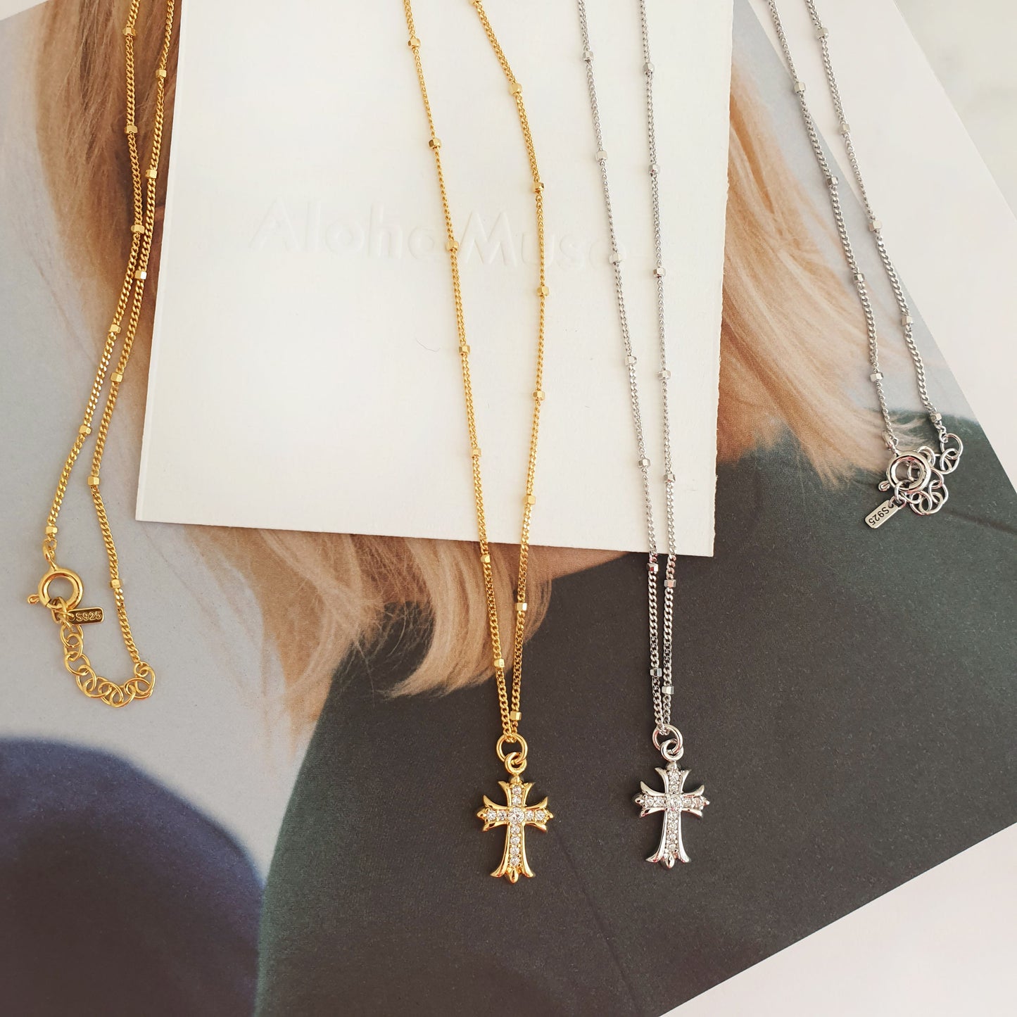 Cross Pendant Long Station Dot Chain Necklace