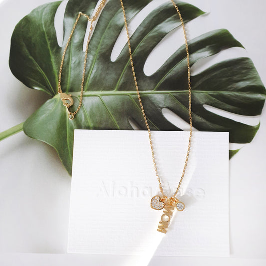Mom Letter Heart Cubic Zirconia 3 Charms Necklace