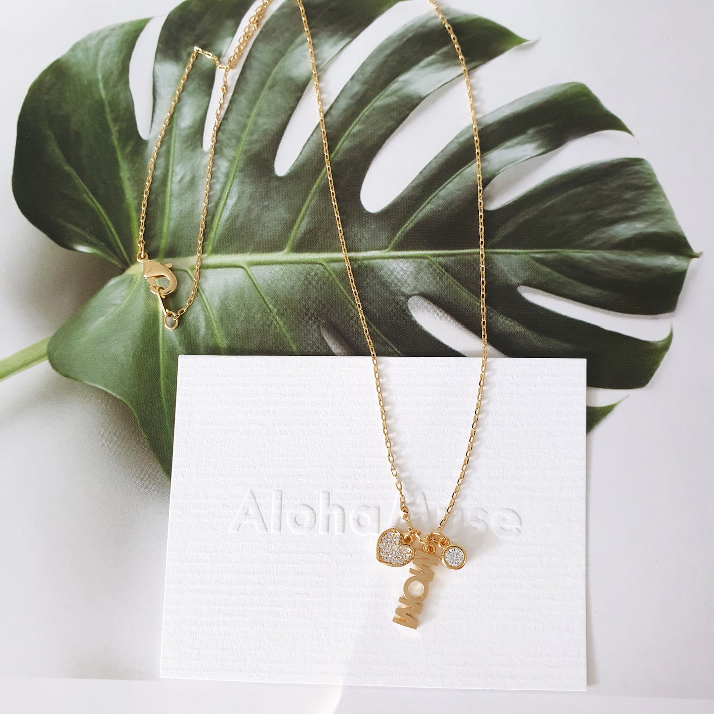 Mom Letter Heart Cubic Zirconia 3 Charms Necklace