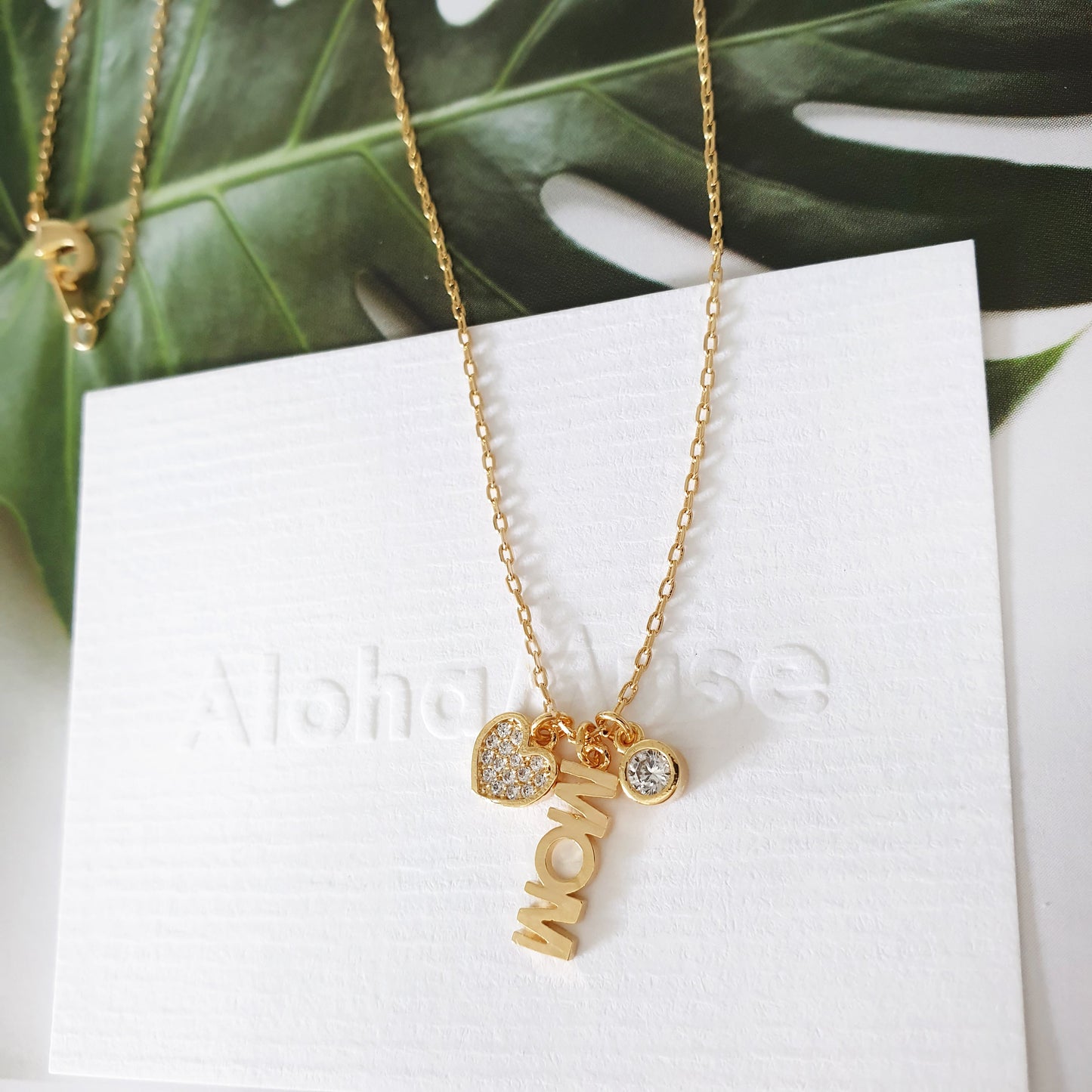 Mom Letter Heart Cubic Zirconia 3 Charms Necklace