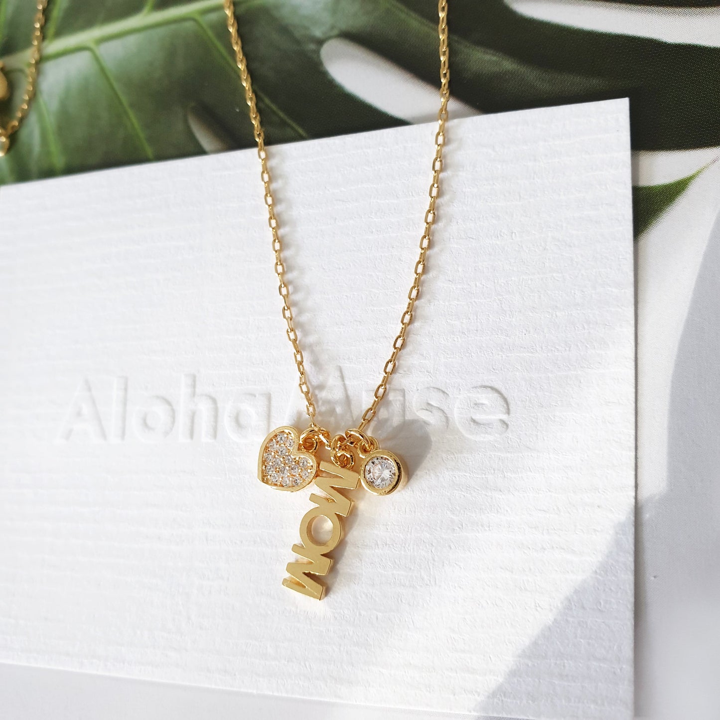 Mom Letter Heart Cubic Zirconia 3 Charms Necklace