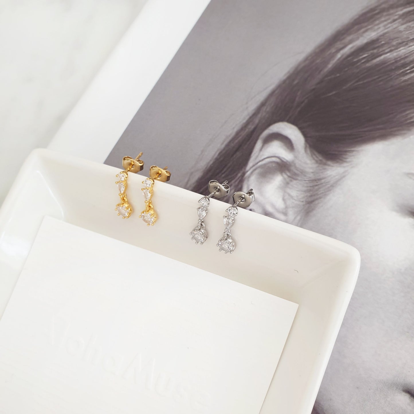 Three CZ Dangle Drop Stud Earrings Solid Silver