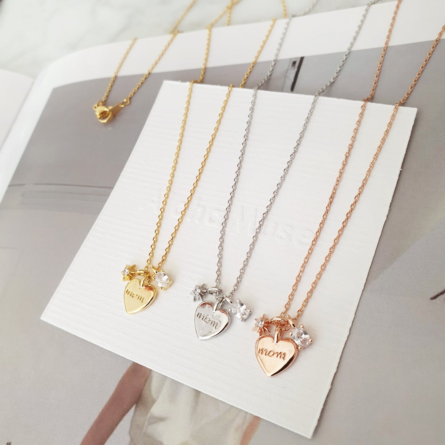 Mom Heart 3 Charms Pendant Necklace
