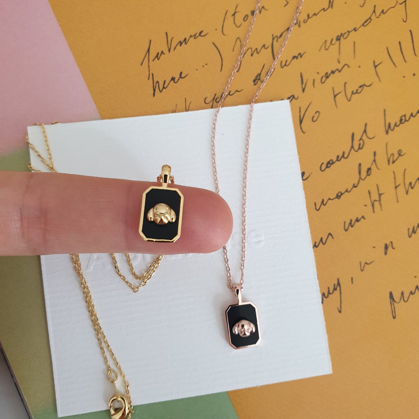 Dog Square enamel Black White Pendant Necklace