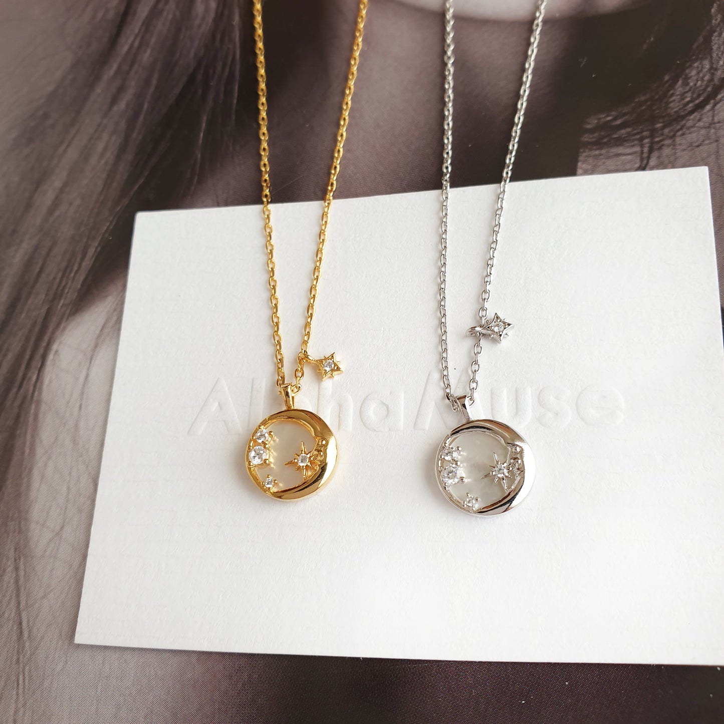 Crescent Moon Shell Plate Disc coin Charm Necklace