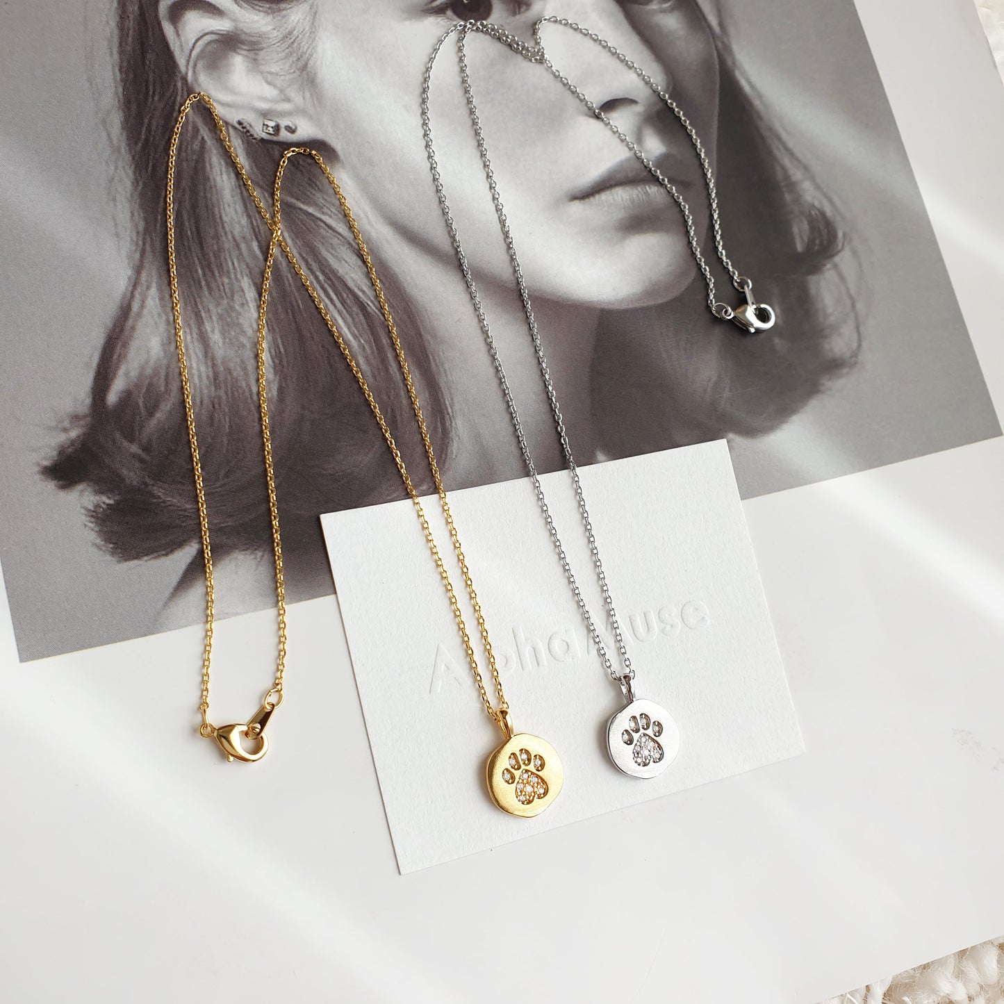Dog Paw CZ Disc Coin Pendant Necklace