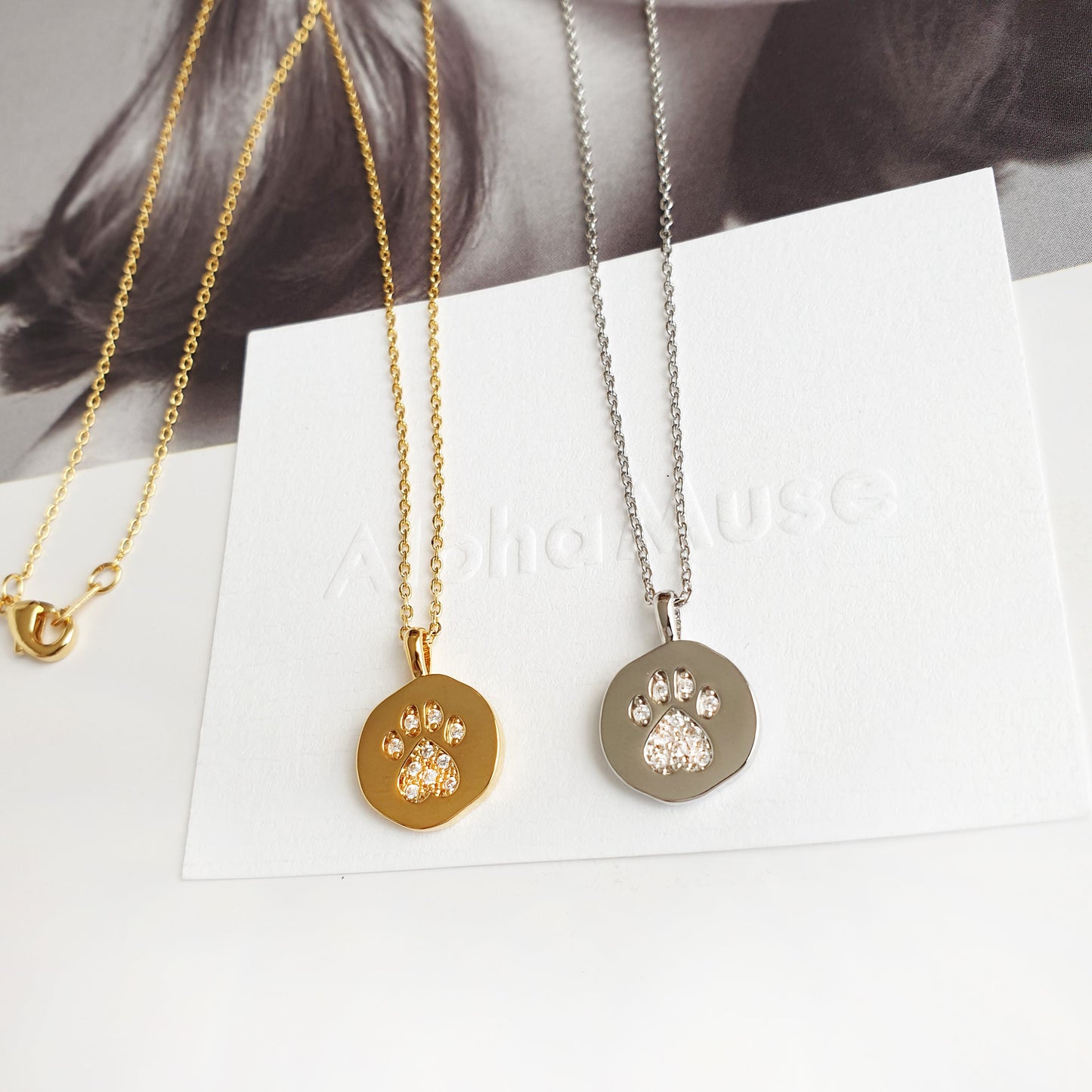 Dog Paw CZ Disc Coin Pendant Necklace