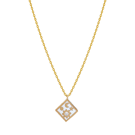 Moon Star CZ Enamel Square Necklace