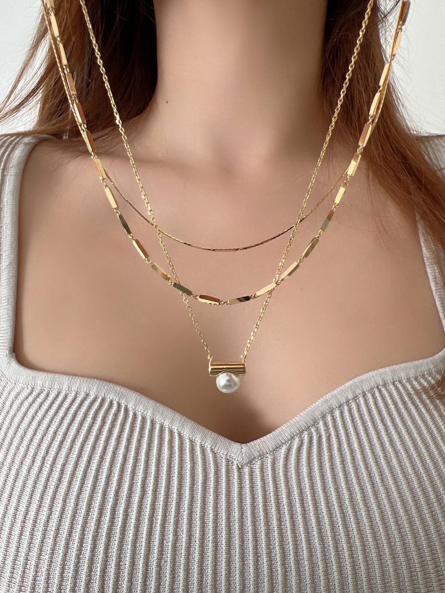 Layered Chain Set String Bar Solid 925 Silver Necklace