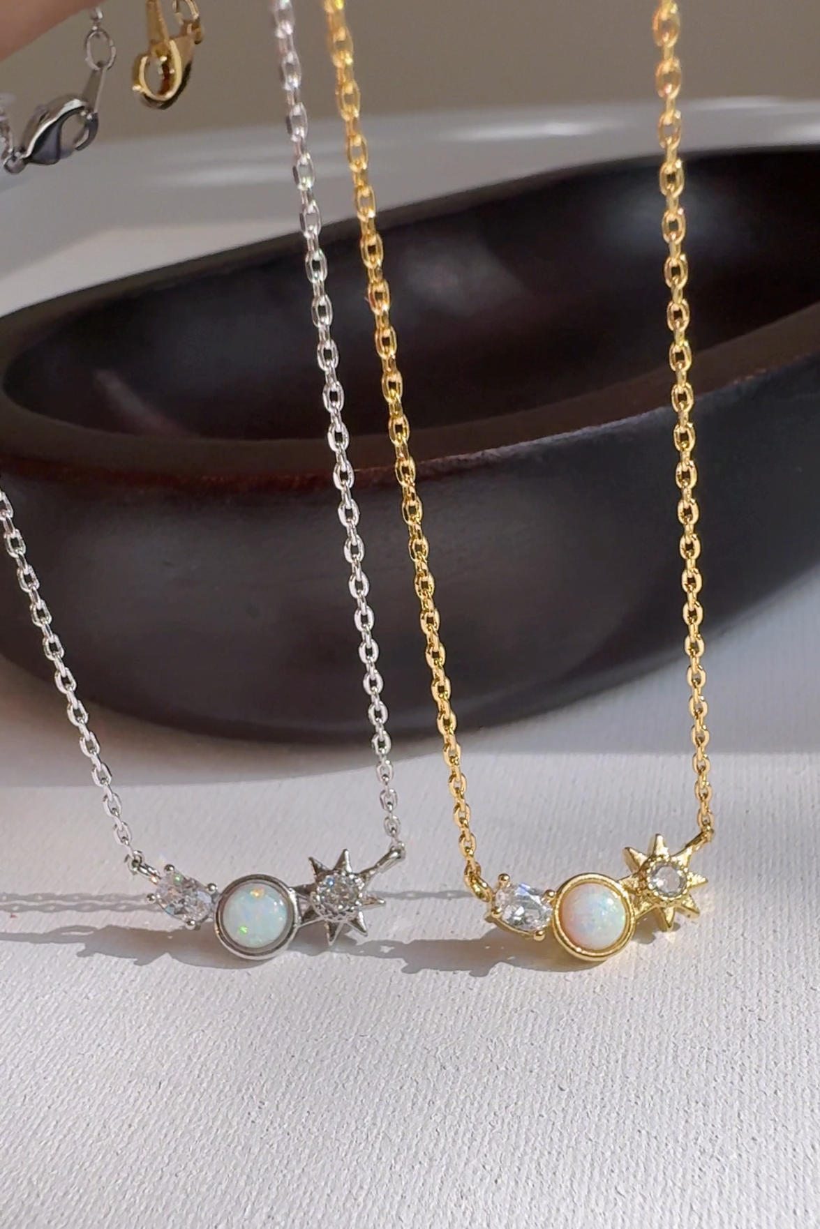 Tiny Opal CZ Stone Curved Bar Necklace