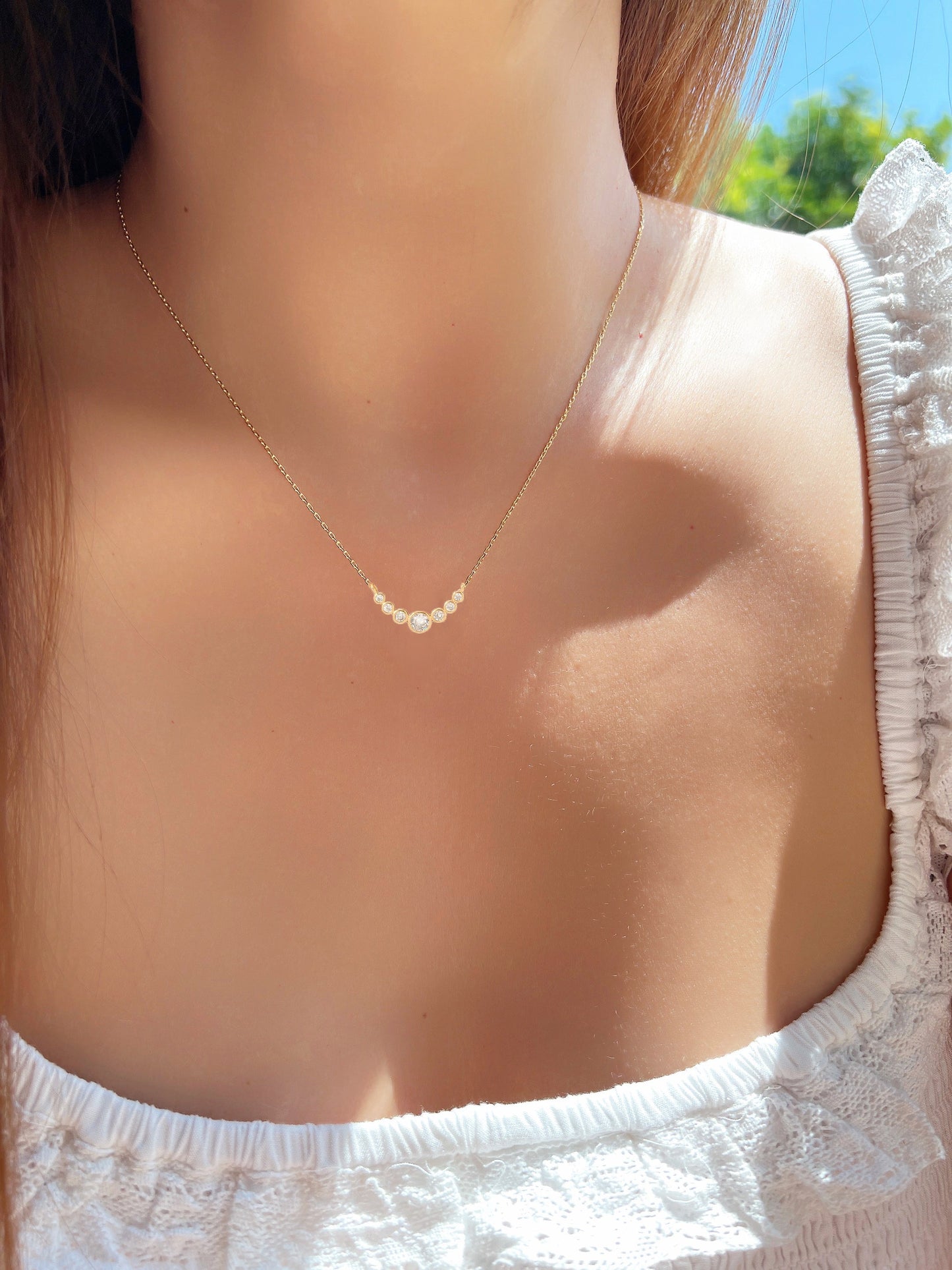 CZ Bezel Curved Bar Pendant Necklace