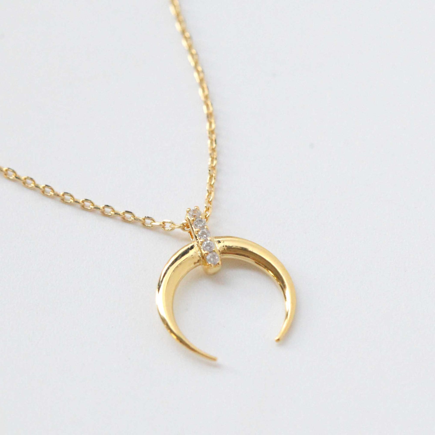 Crescent Moon Horn CZ Bar Necklace