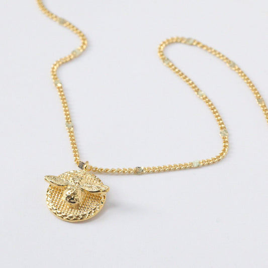 Bee Disc Pendant Necklace with Flat Curved Chain