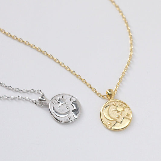 Tiny Crescent Moon Star Charm Necklace