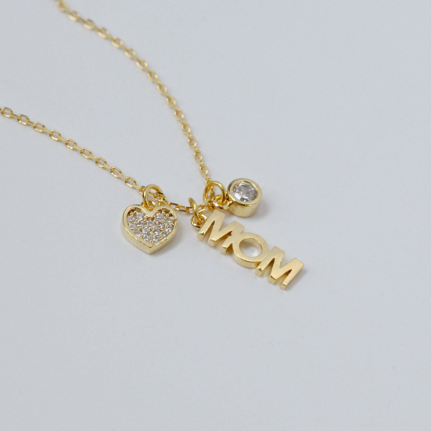 Mom Letter Heart Cubic Zirconia 3 Charms Necklace