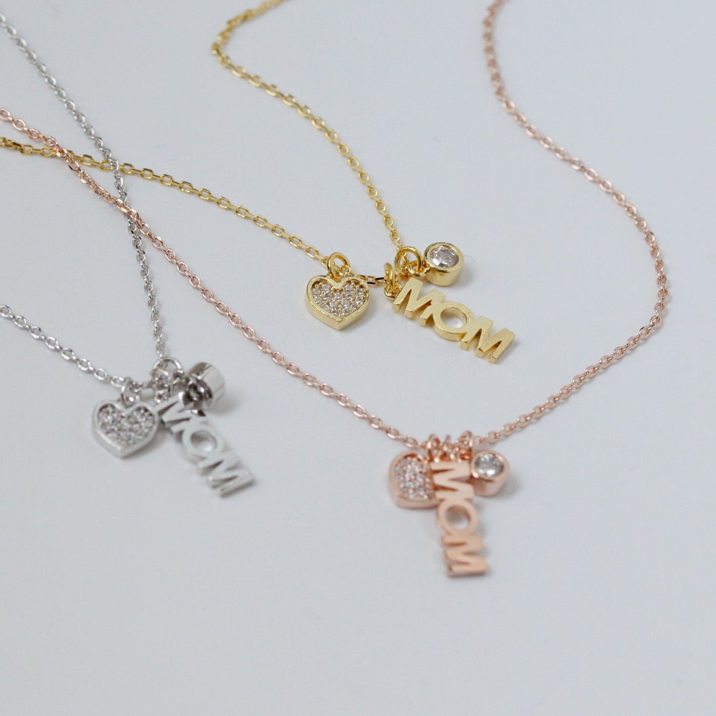 Mom Letter Heart Cubic Zirconia 3 Charms Necklace